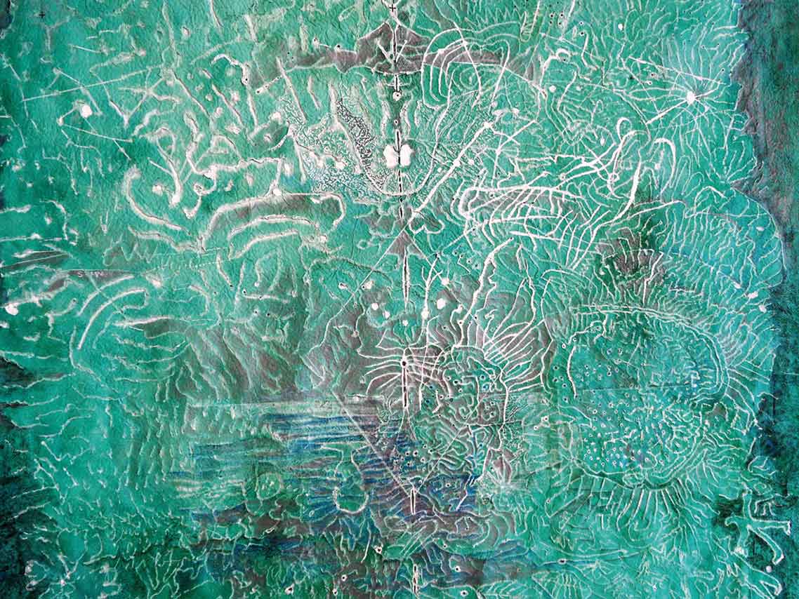 „Mind Map“, 2015, Wasserstrahlzeichnung auf Lokta, 145 x 145 cm