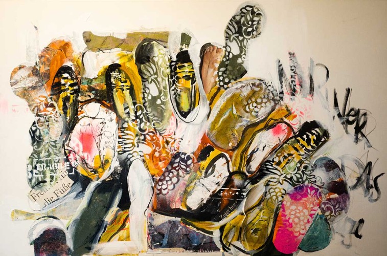 Spuren, 2023, Acryl, Collage auf Leinwand
