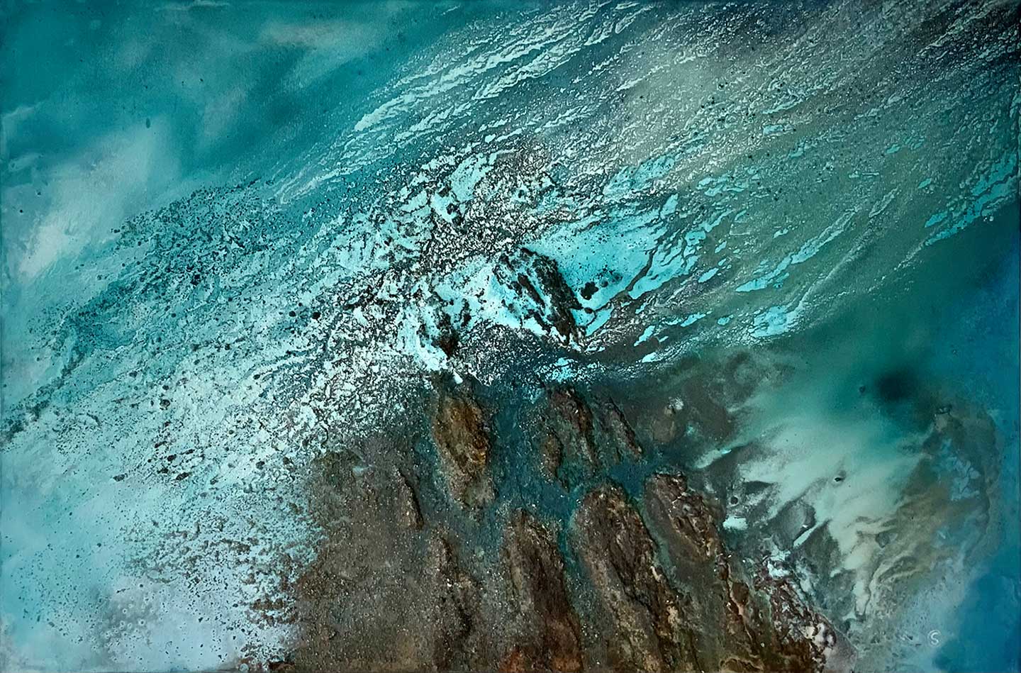 „Planet Earth“, Sand, Spachtelmassen und Pigmente auf Leinwand, 80 x 120 cm