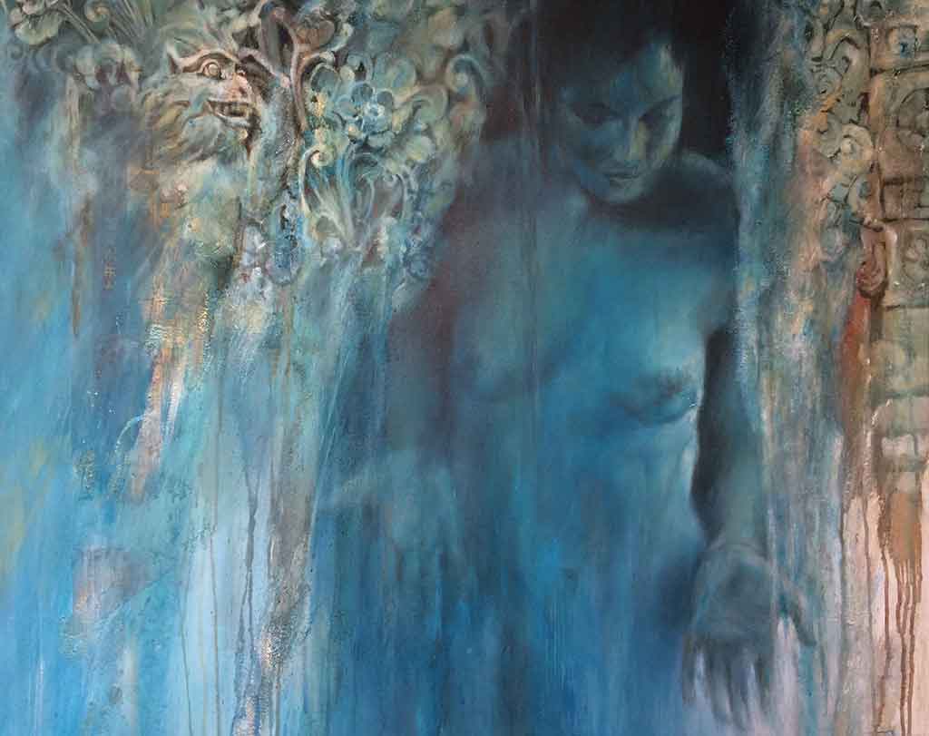 „Apsara, die Wasserwandlerin", 2021, Acryl, Zeitung, Sand, a. Lw, 80 x 100 cm