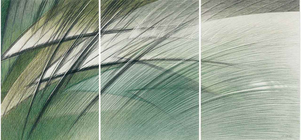 O.T. (Komposition in Reseda dunkel), 2001, Bleistift/Farbstift auf Karton, dreiteilig 100 x 213 cm